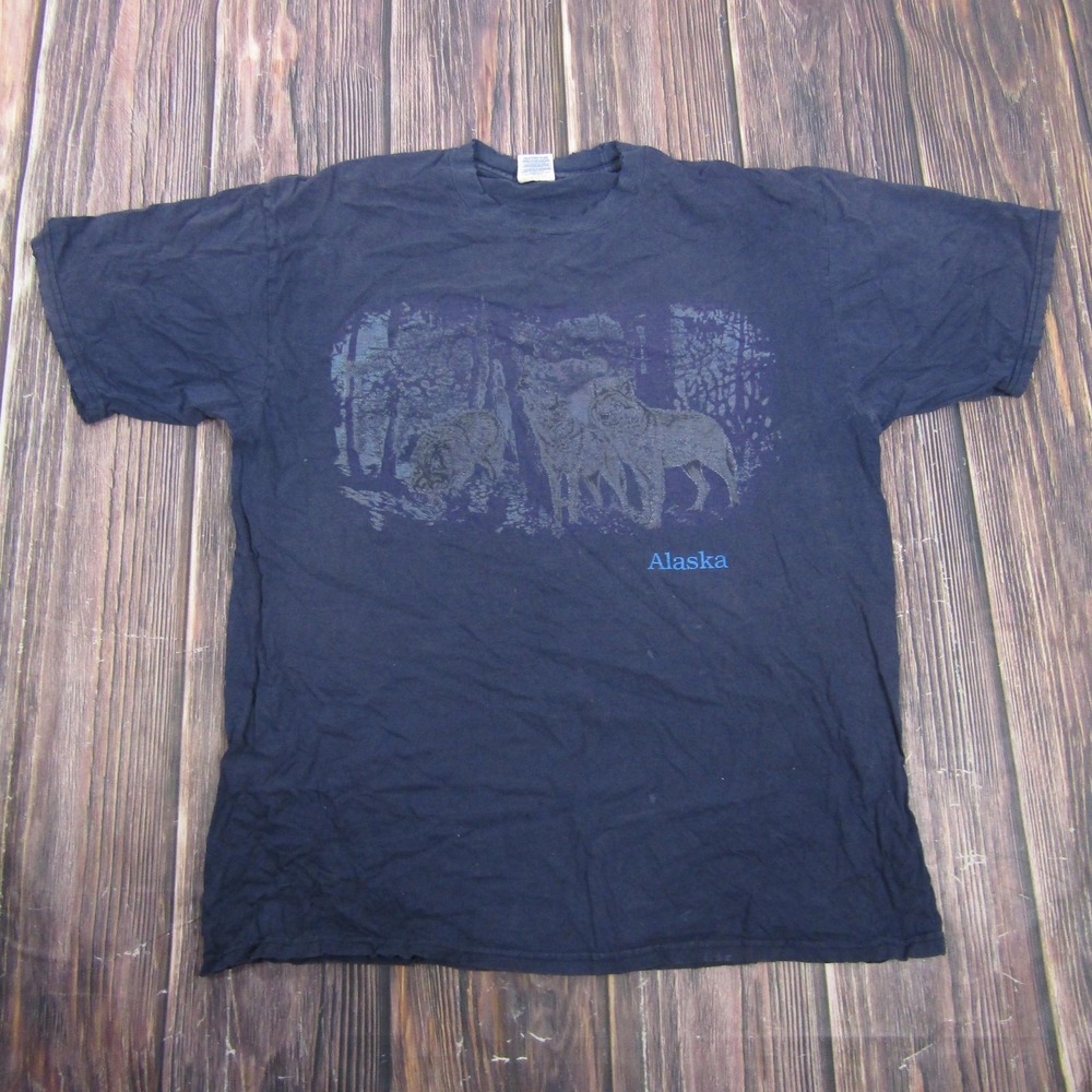 Vintage Jerzees Alaska Wolves Shirt Mens XL Blue Nature Wildlife Graphic Tee 90s - Picture 1 of 8